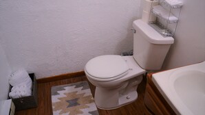 A bathroom with a toilet, a sink, a towel rack, and a patterned rug. - A Perfect Retreat in Grand Forks (Grand Forks)
