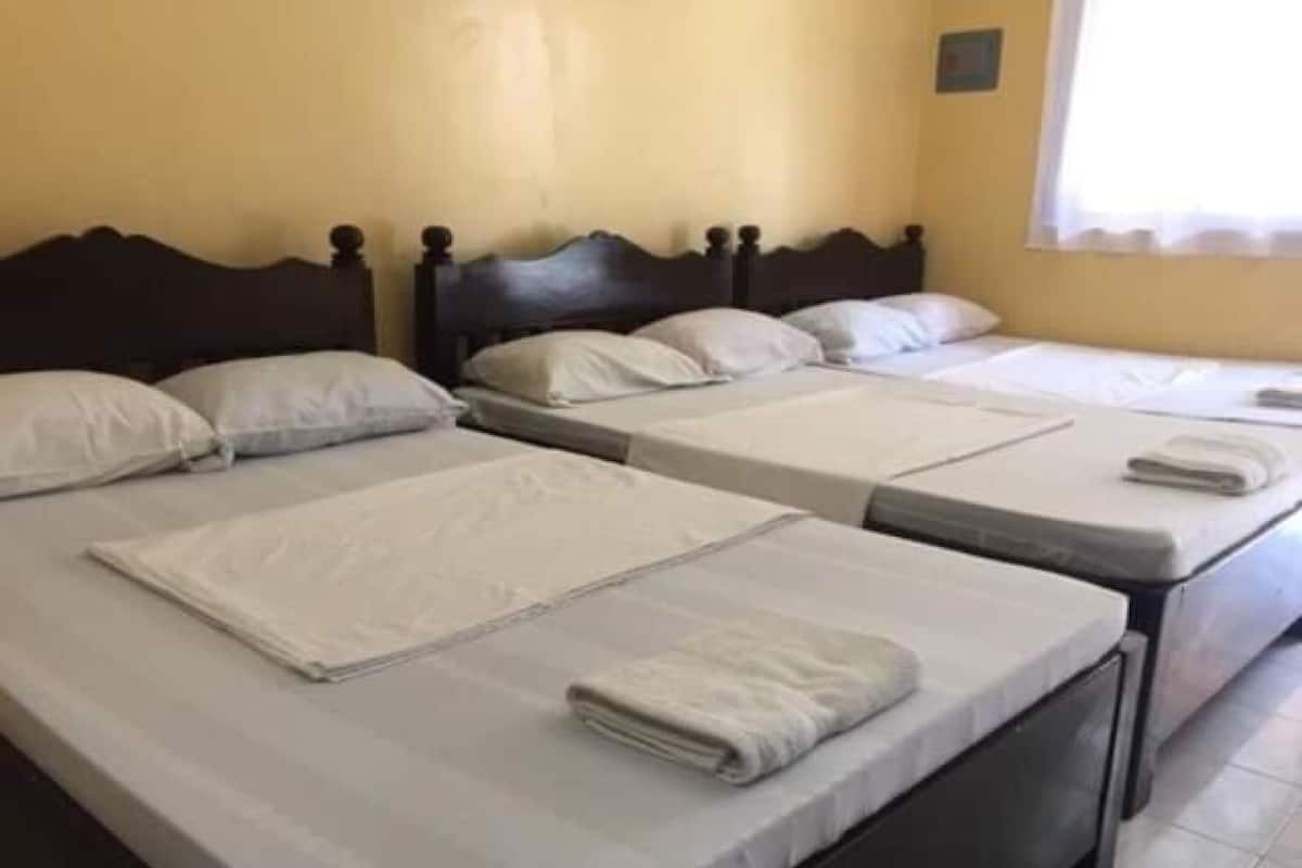 A hotel room with three single beds, each with a neatly made bedspread and pillows.