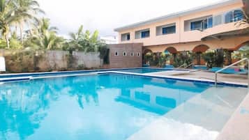 A swimming pool with a clear blue water surface, surrounded by a stone wall and palm trees.