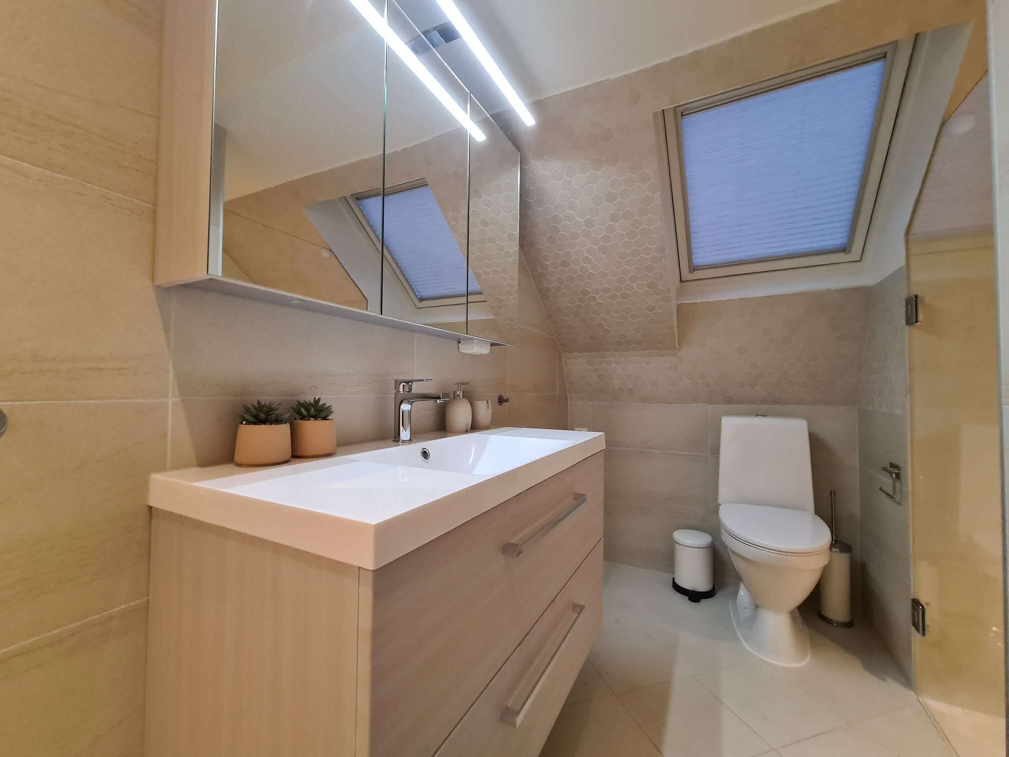 A modern bathroom with a skylight, a large mirror, a vanity with a sink, and a toilet.