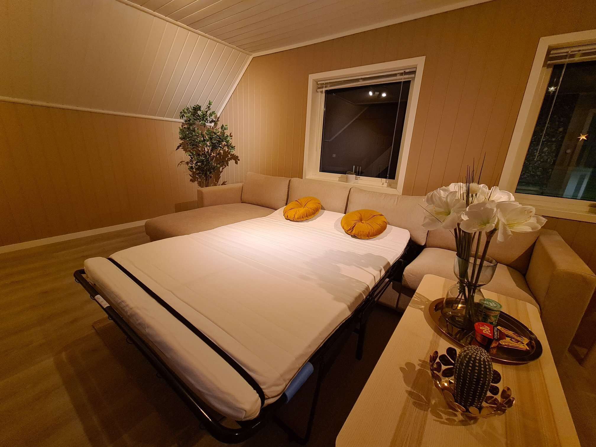Quarto de hotel com cama, uma mesinha com um vaso de flores, uma janela e uma planta.