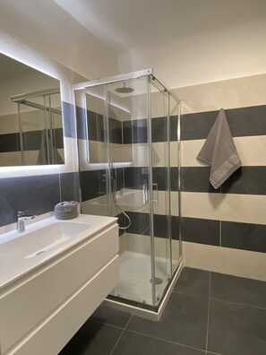 Shower, hair dryer, bidet, towels
