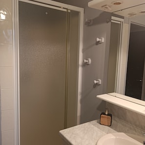 Combined shower/bathtub, hair dryer, towels, soap