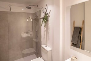 Een moderne badkamer met een douchecabine van glas, een witte wastafel en een spiegel met een handdoekhouder.