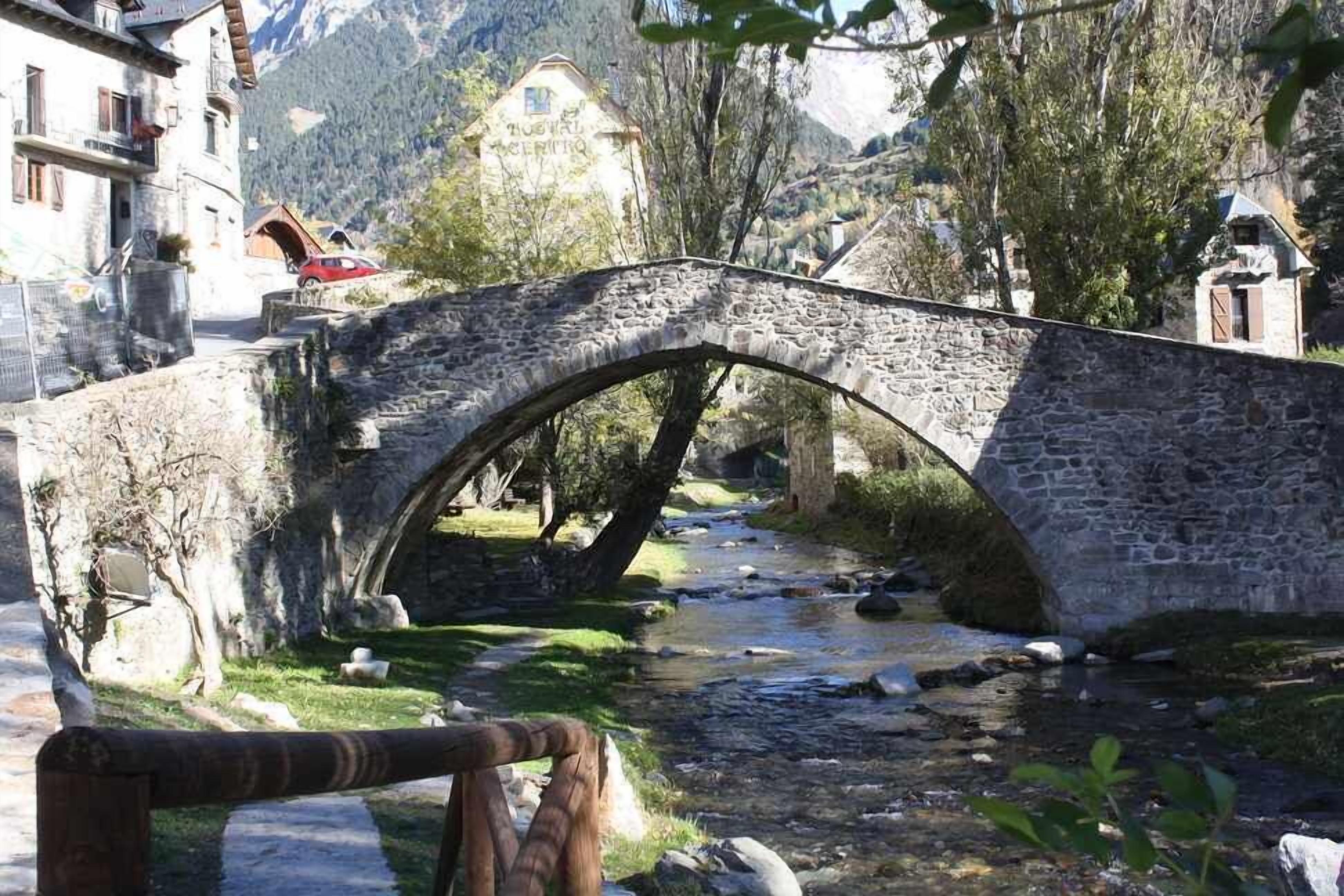 A stone bridge over a stream in a village setting with buildings and trees in the background.