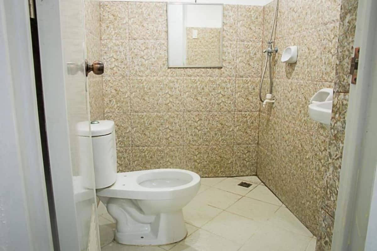 Un baño pequeño con azulejos, un inodoro, una ducha y un espejo.