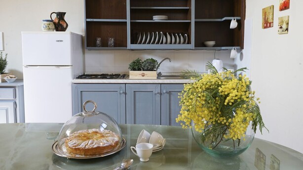 Et køkken med køleskab, komfur, vask og et bord med en overdækket kage samt en vase med gule blomster.