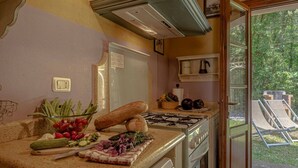 Eine Küche mit einem Gasherd, einem Kühlschrank und einer Auswahl frischer Gemüsesorten auf der Arbeitsfläche.
