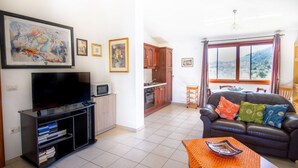 Un salon avec un téléviseur, des étagères à livres, un canapé agrémenté de coussins colorés, un coin repas avec une table et des chaises, et une cuisine en arrière-plan.