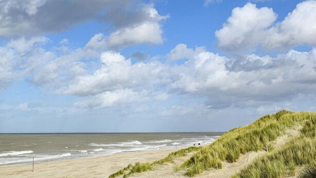 Una playa con dunas y el océano.