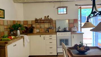 Fridge, oven, stovetop, coffee/tea maker