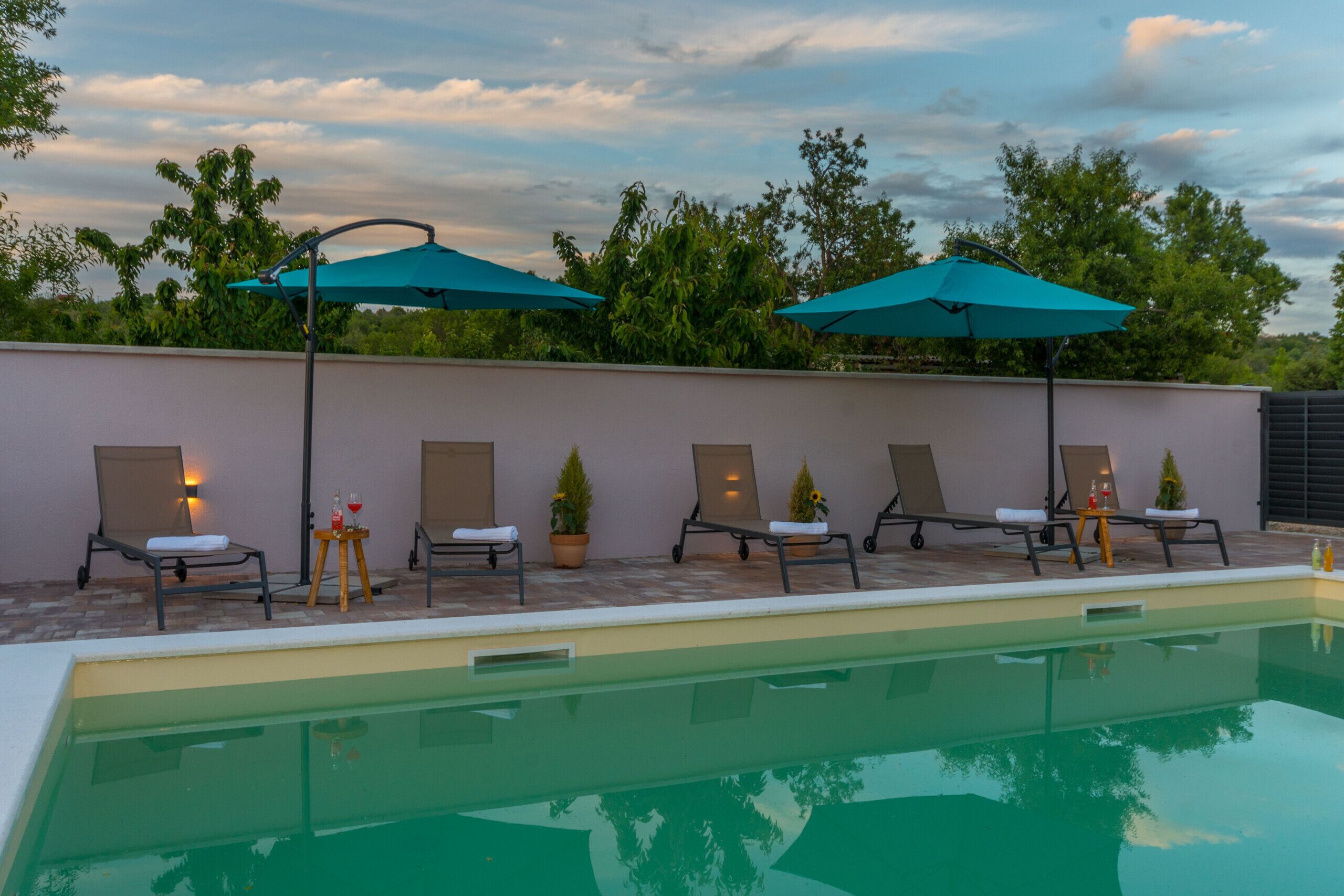 Un área junto a la piscina con sillones de descanso y sombrillas, una piscina y plantas en macetas.