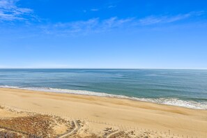 A beach with a clear sky, sandy shore, and a fenced walking path. - FREE DAILY ACTIVITIES! LINENS INCLUDED*!  The PLAZA. Direct Oceanfront 2BR/2BA condo with semi-private den that can be closed off. (Ocean City)