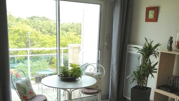 A living room with a sofa, a small round table with chairs, a potted plant, and a bookshelf. - La Rochelle T2 35m2 Avec Terrasse Dans Résidence de Standing (La Rochelle)