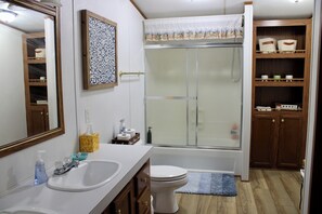 Hair dryer, towels, soap, toilet paper