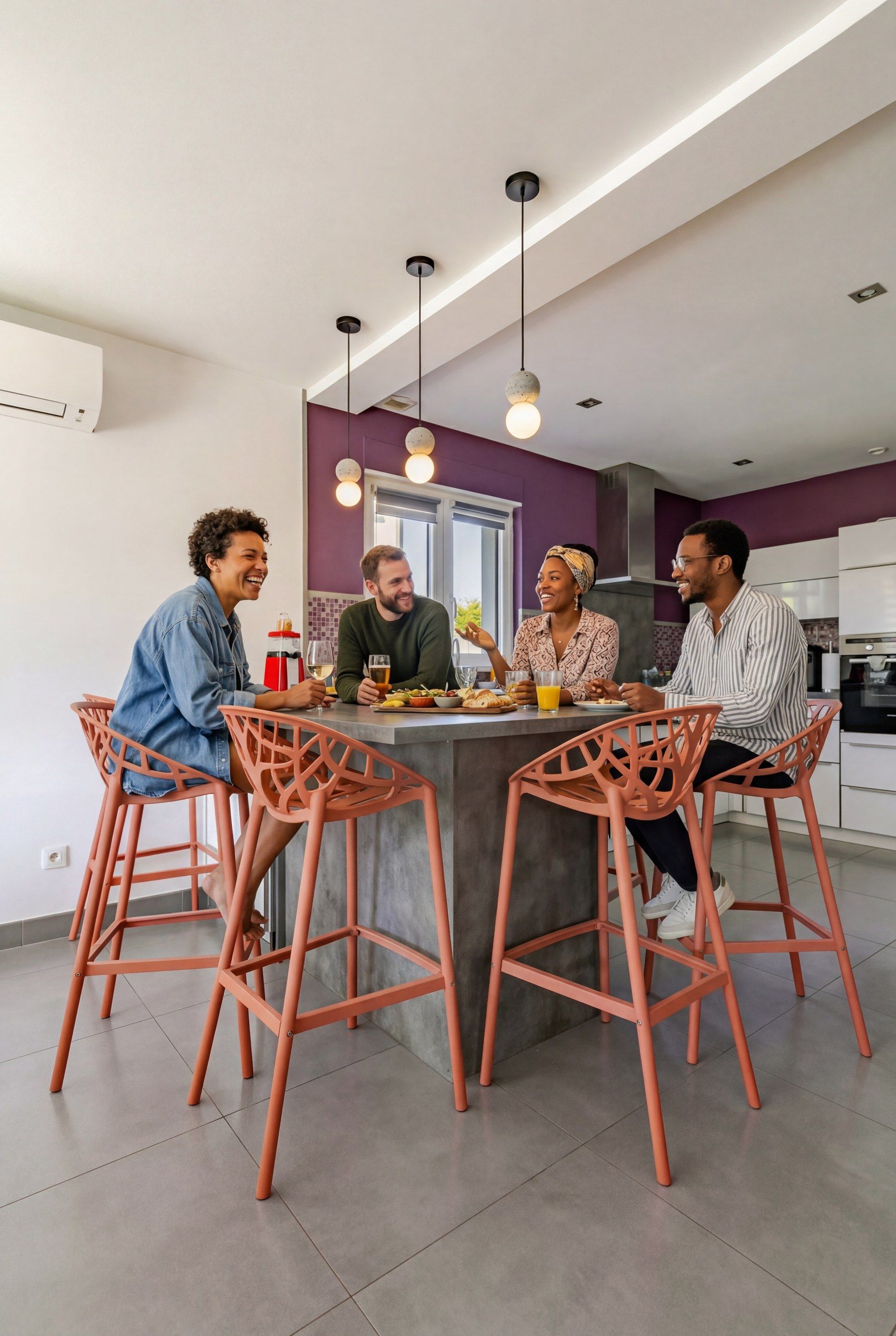 Una cocina moderna con una isla central, iluminación colgante y un grupo de personas cenando.