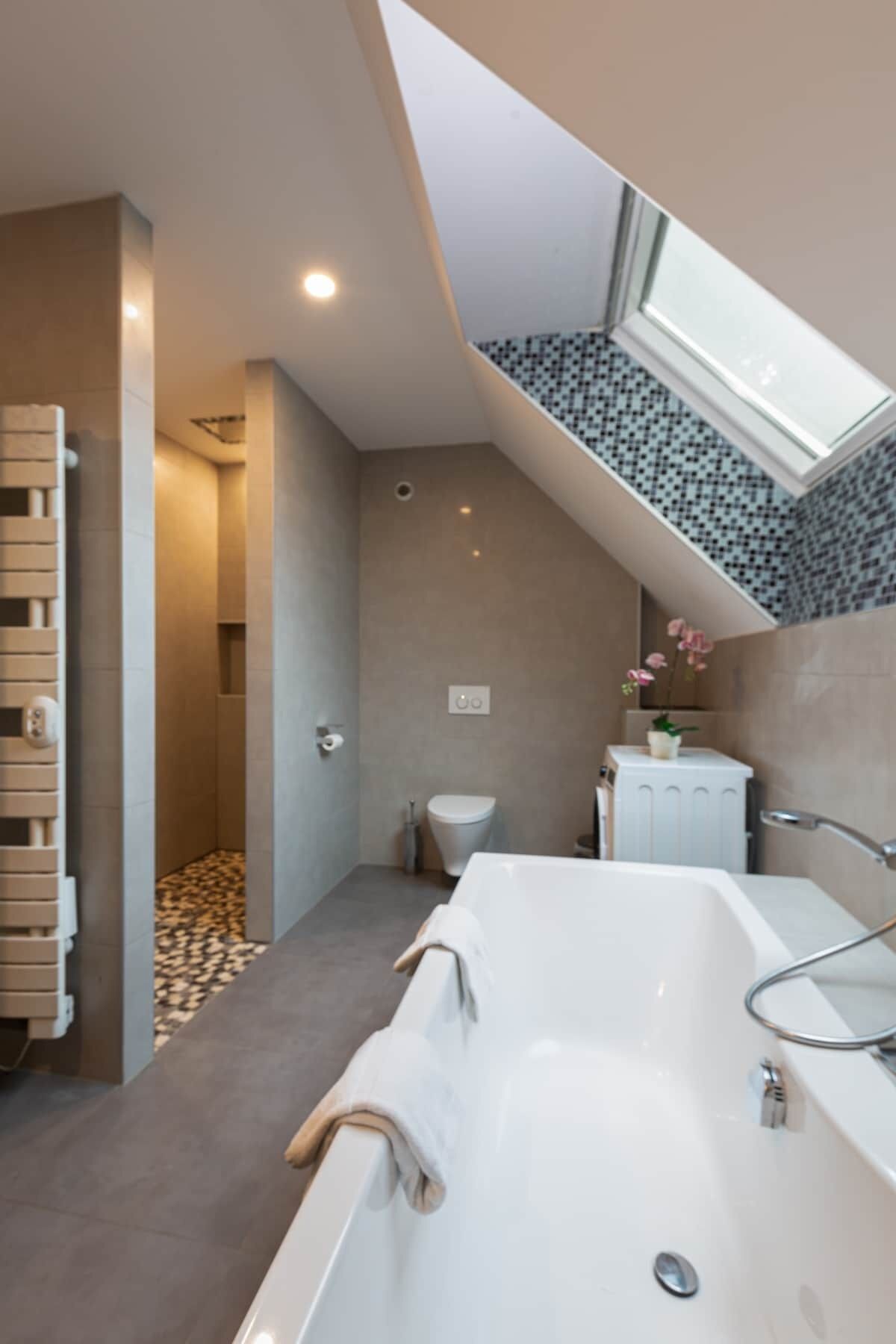 Baignoire, sèche-cheveux, serviettes fournies