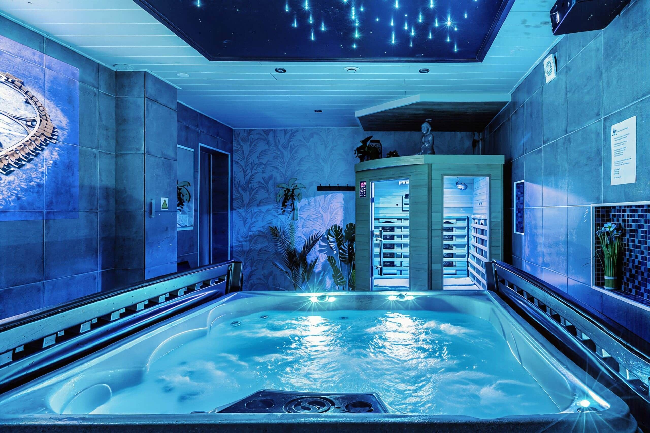 A spa area with a hot tub, a ceiling with star projections, and a wall with a tropical leaf pattern.