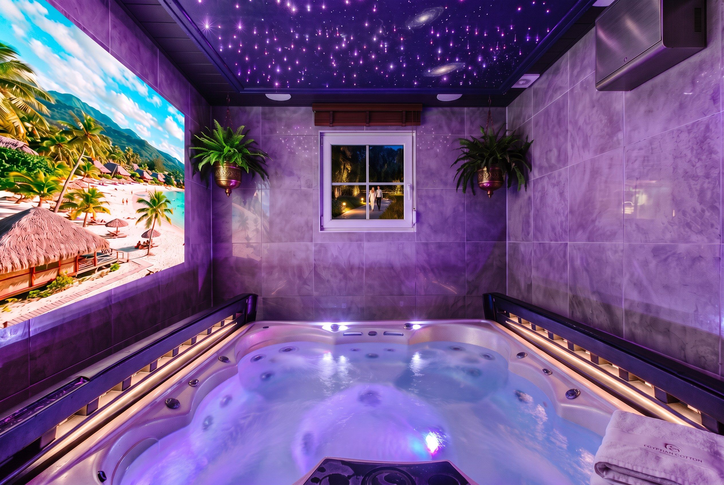 Ein Whirlpool mit Sternenhimmel, ein Fenster mit Blick auf einen Strand und zwei Kübelpflanzen.