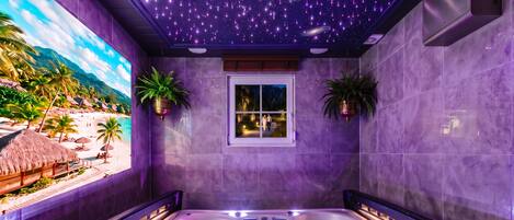 Un jacuzzi con techo estrellado, un ventanal con vista a la playa y dos plantas en macetas.