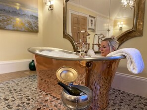 Hair dryer, towels, soap, shampoo
