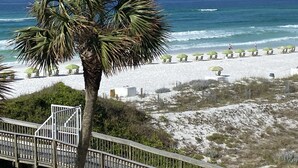 A beach with white sand, palm trees, and green umbrellas.