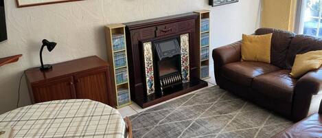 A living room with a fireplace, a sofa, a bed, and a bookshelf.