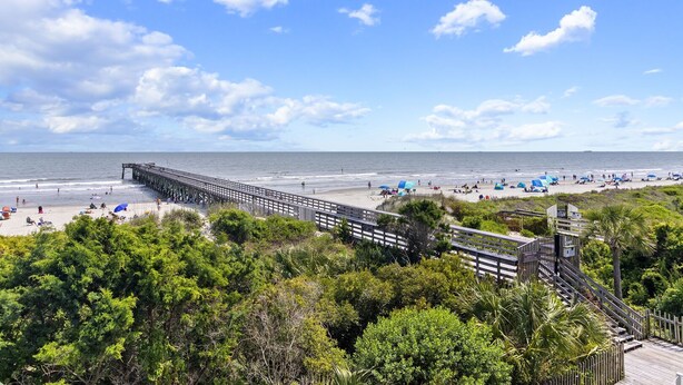 A beach with a wooden pier extending into the ocean, surrounded by lush greenery. - Oceanfront Sea Cabin on the Front Beach of Isle of Palms (Isle Of Palms)