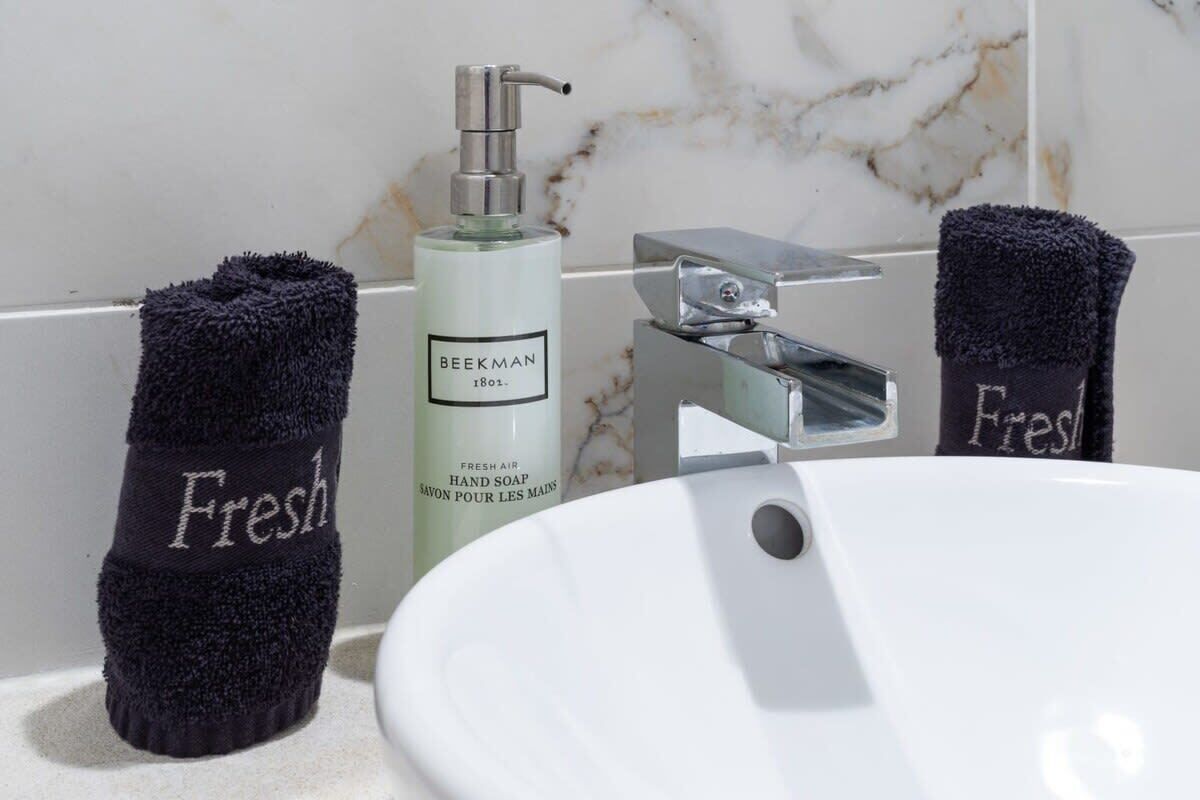 A bathroom with a white sink, a hand soap dispenser, and two towels with the word 'Fresh' on them.