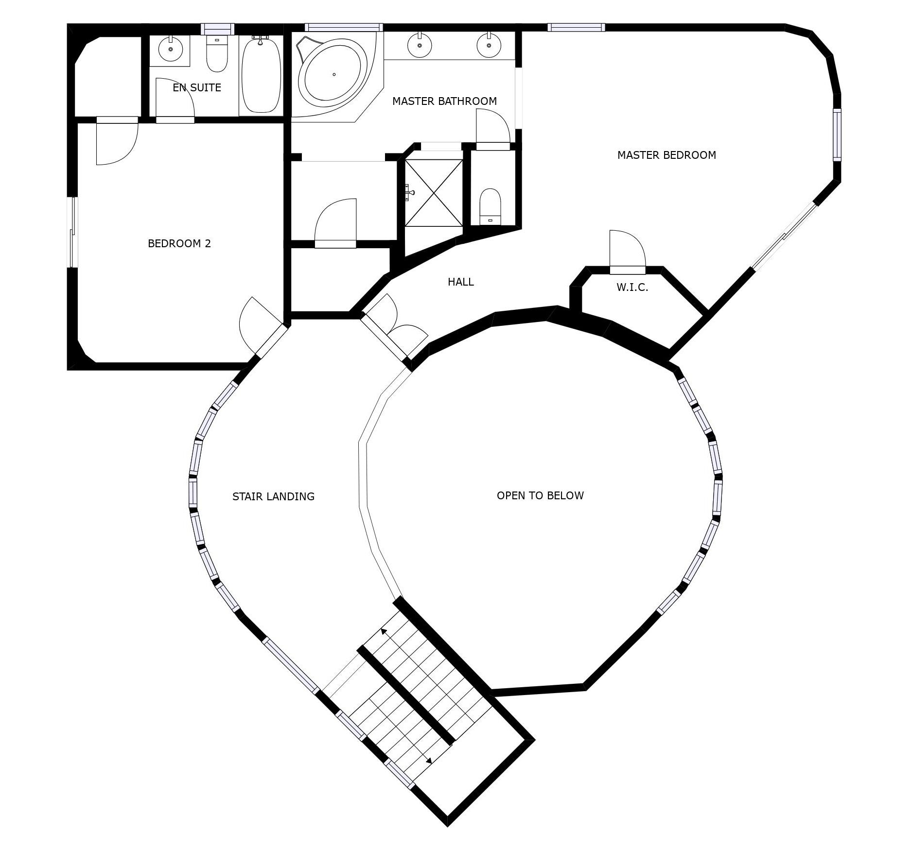 A floor plan with a master bedroom, master bathroom, ensuite bathroom, two bedrooms, a hall, stair landing, and an open area leading to a basement.