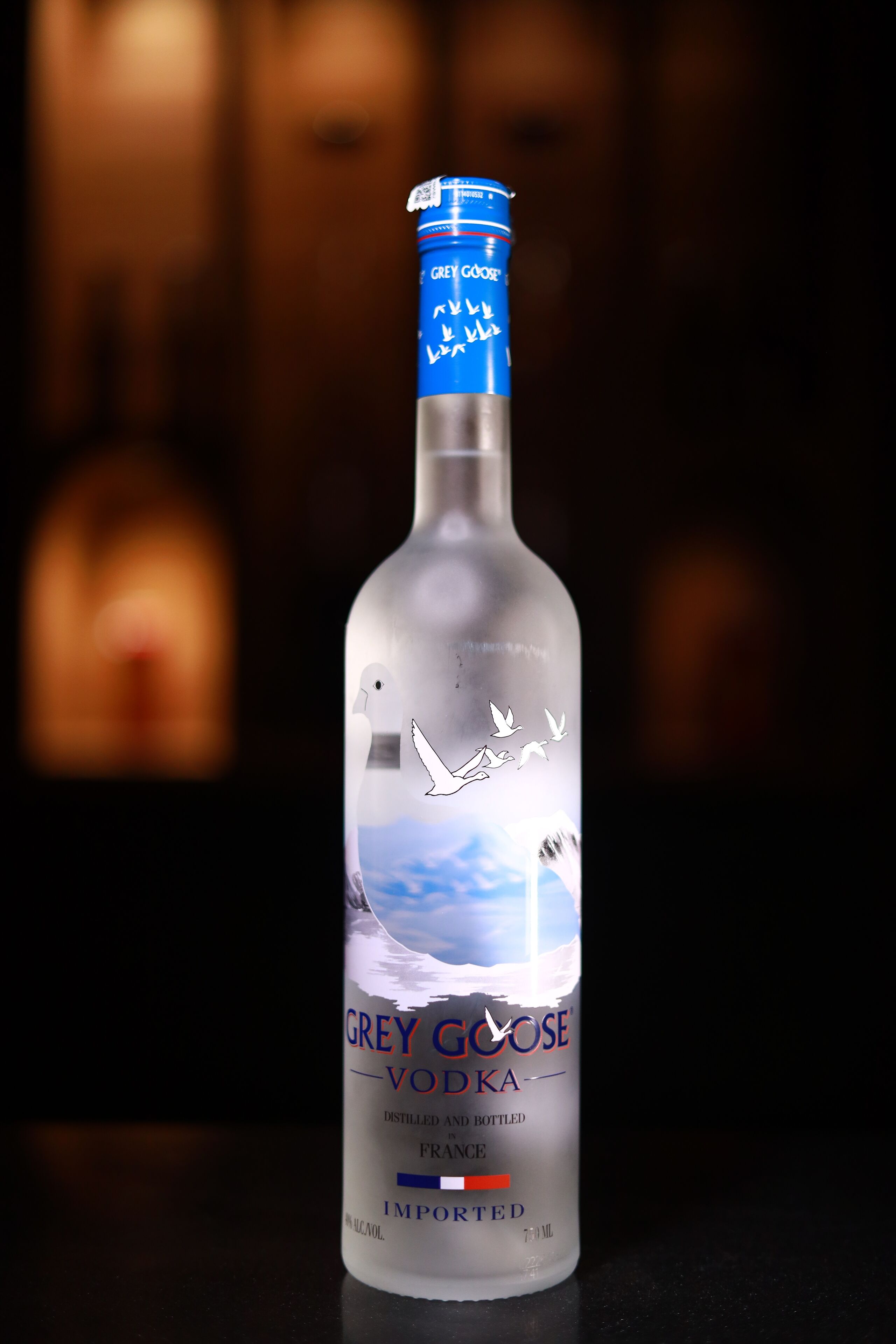 Eine Flasche Grey Goose Wodka mit Etikett, das einen Vogel und eine Landschaft zeigt.