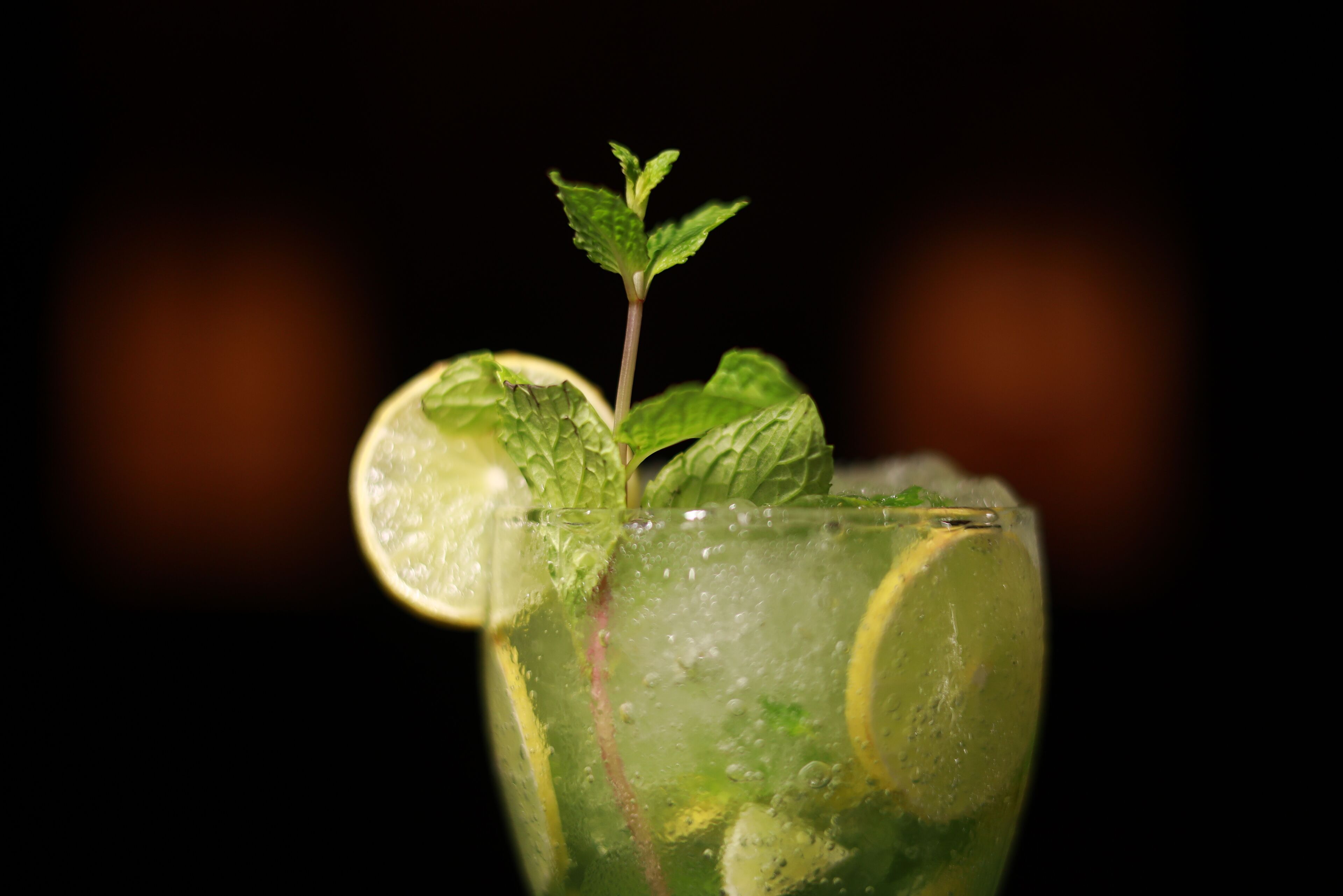 A glass of a green beverage with lime slices and mint leaves.