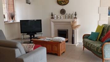 A living room with a television, sofa, and a fireplace.