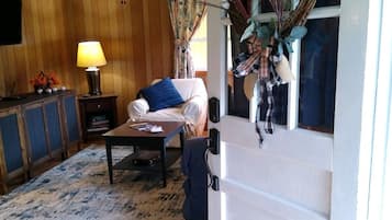 Smart TV, fireplace, books, offices