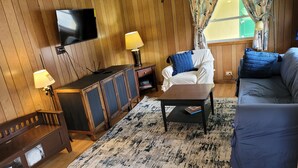 Un salon avec un lambris en bois, un téléviseur à écran plat, un canapé avec des coussins bleus, une table basse et un tapis à motifs.