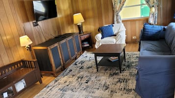 Smart TV, fireplace, books, offices