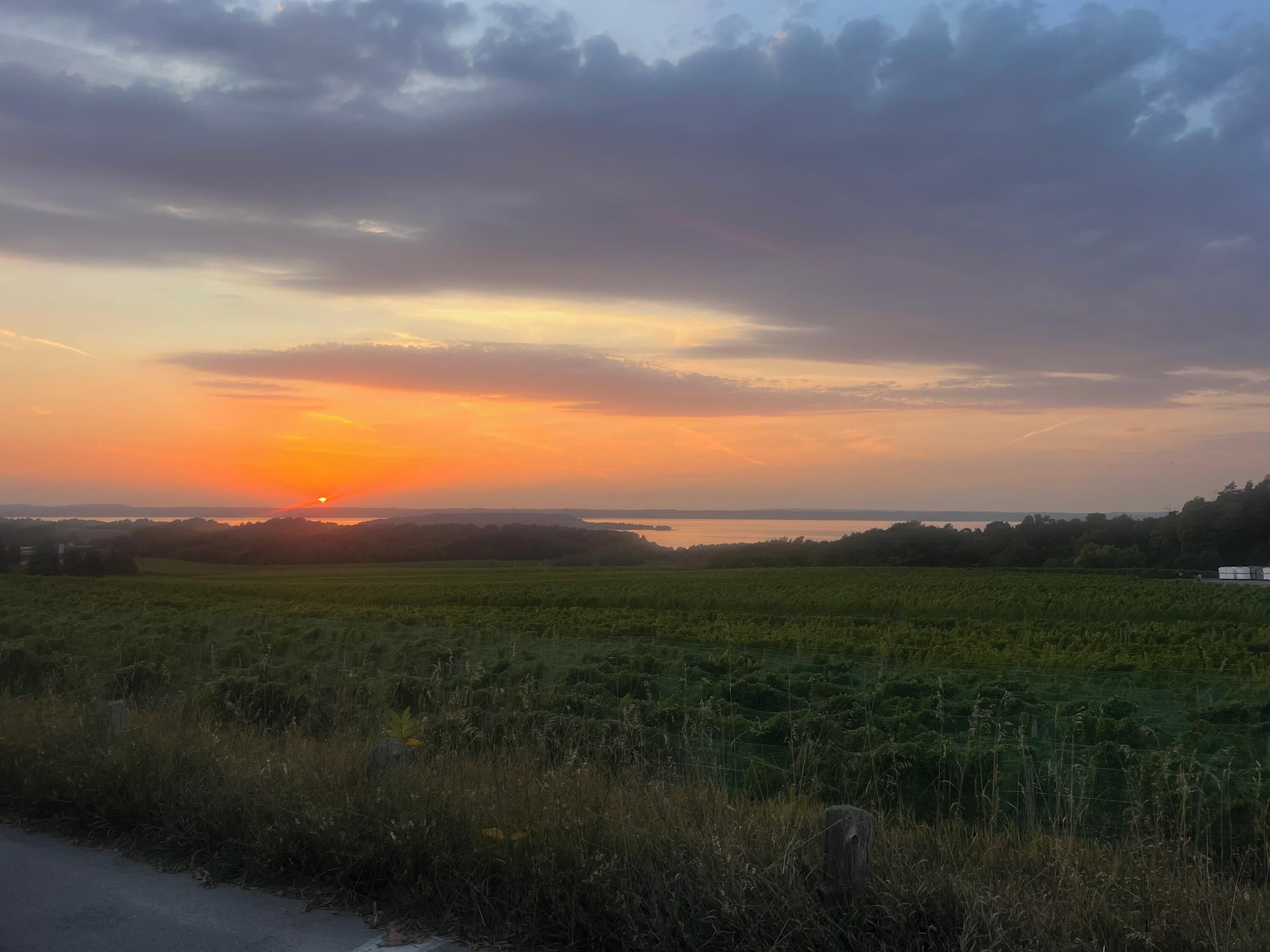 Un coucher de soleil sur un paysage rural, avec des champs et une étendue d'eau à l'horizon.