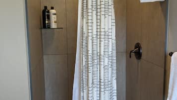 Shower, hair dryer, shampoo