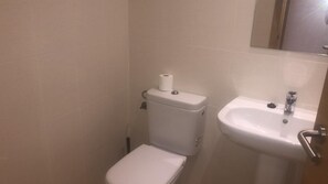 Een bad/douchecombinatie, een haardroger, handdoeken, toiletpapier