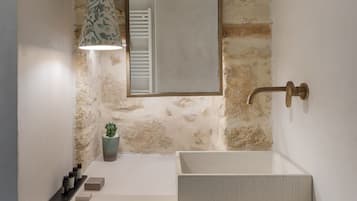 A bathroom with a white sink, a mirror, a hanging light fixture, and a small potted plant.