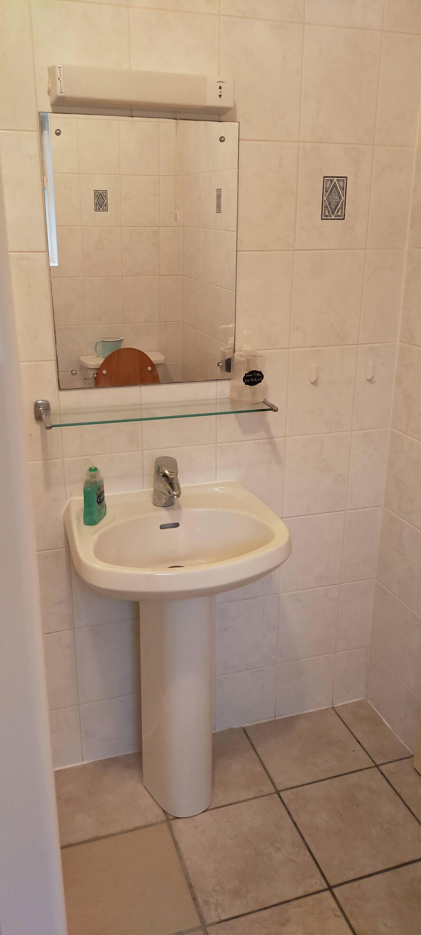 A bathroom with a white sink, a mirror, and a glass shelf.