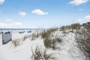 Une plage avec des dunes de sable, un ciel dégagé et une vue lointaine sur l’océan.