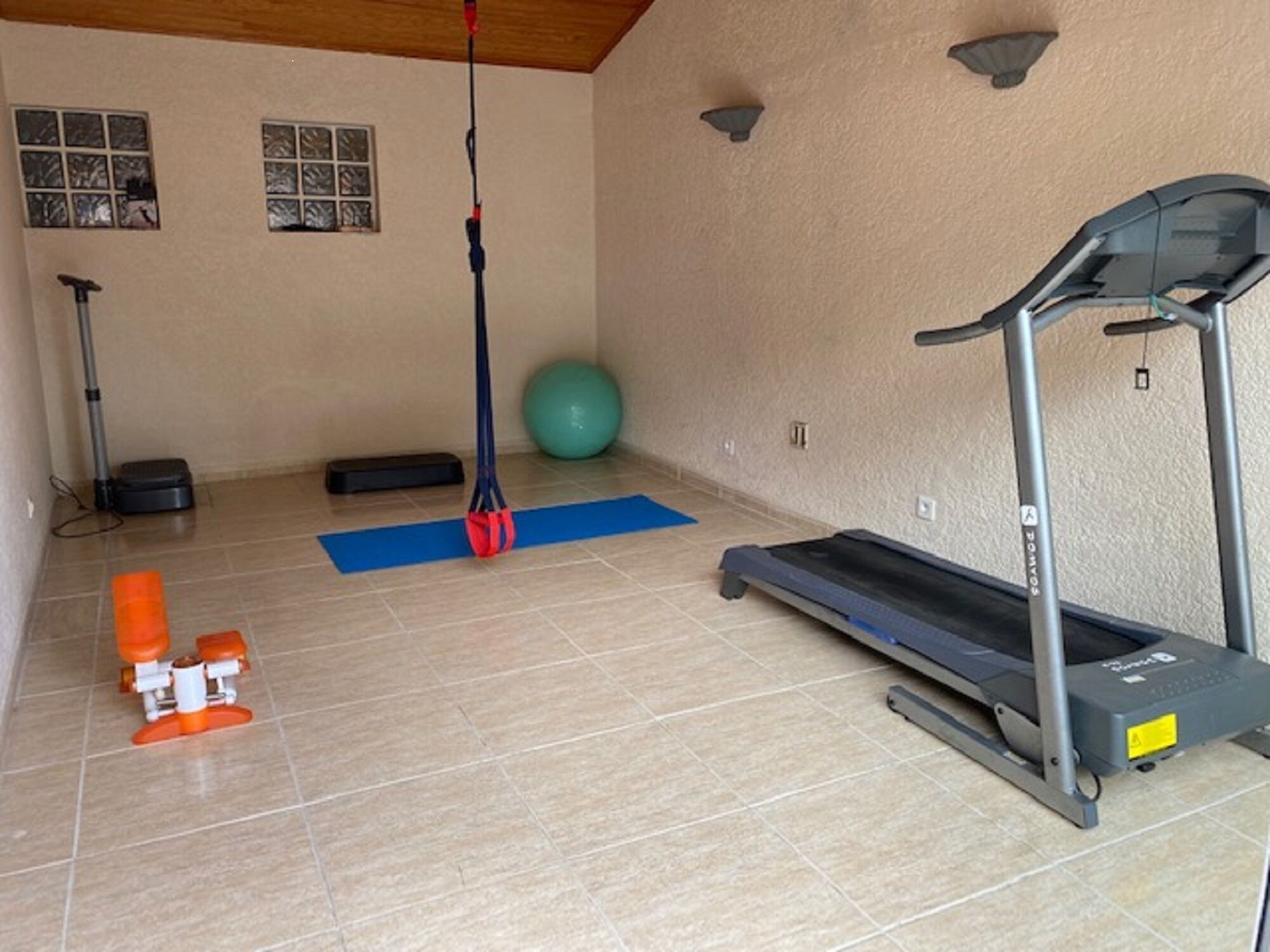 A home gym with a treadmill, exercise balls, and a yoga mat.