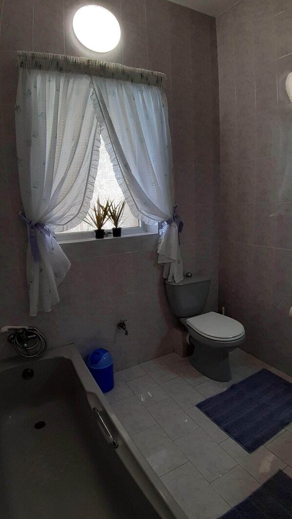 Une salle de bain avec une baignoire, des toilettes et une fenêtre avec des rideaux.