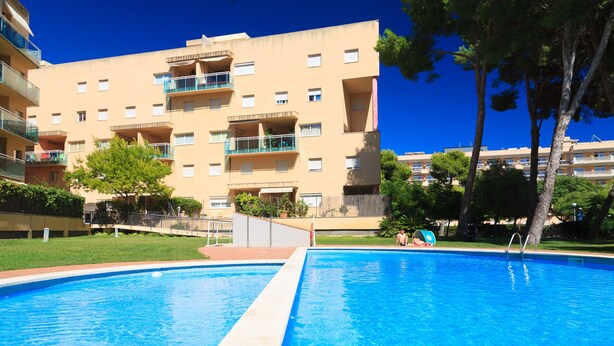 A swimming pool with a clear blue water surface, surrounded by a well-maintained lawn and trees.