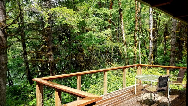 A wooden deck with a glass table and wicker chairs, overlooking a dense forest. - The "Belknap Cabin" (Blue River)