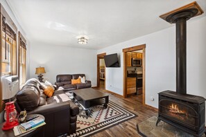 Smart TV, fireplace, books