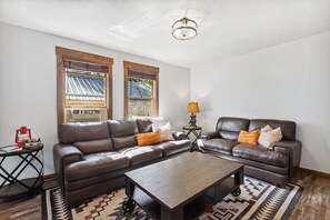 Smart TV, fireplace, books