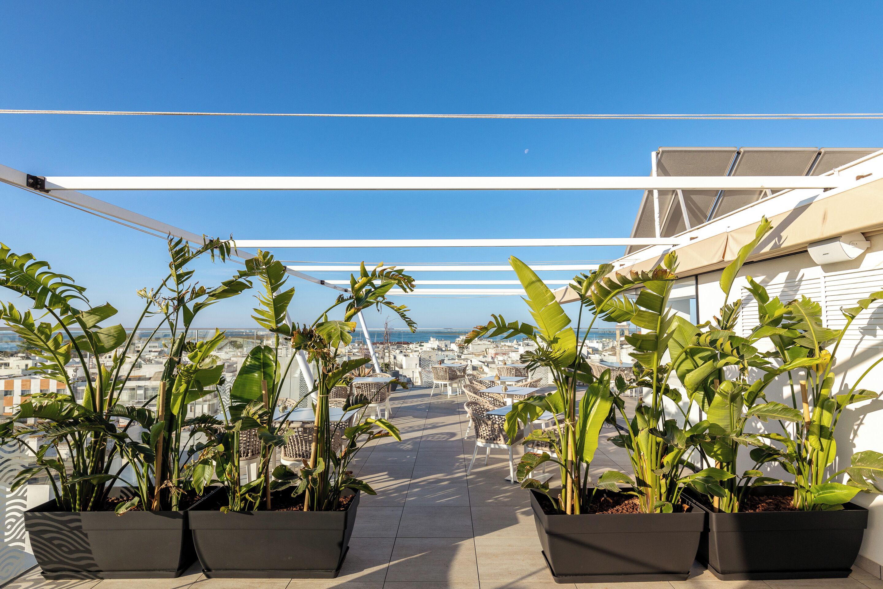 Eine Dachterrasse mit Blumentöpfen, Sitzgelegenheiten im Freien und Blick auf die Stadtlandschaft.