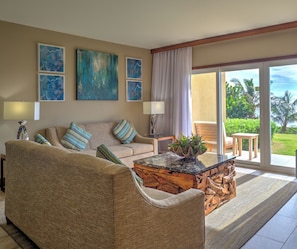 Panoramic Condo, 3 Bedrooms, Ocean View | Living area | 49-inch flat-screen TV with cable channels, TV - Dawn Beach Club Resort Sint Maarten (Oyster Pond)